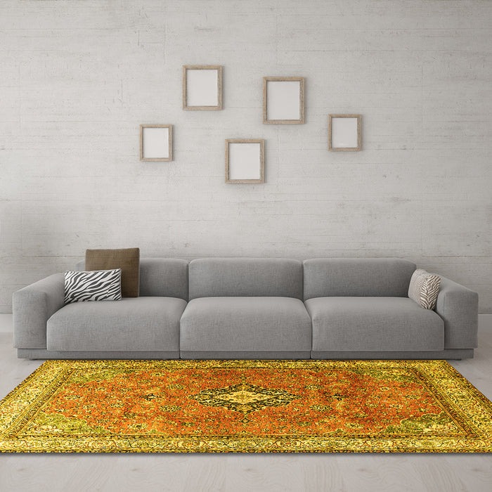 Machine Washable Persian Yellow Traditional Rug in a Living Room, wshtr3625yw