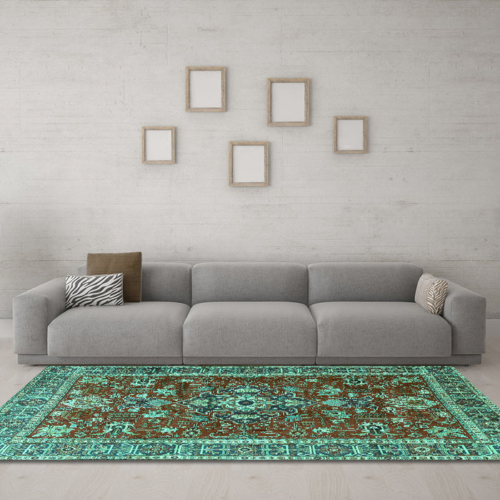Machine Washable Persian Turquoise Traditional Area Rugs in a Living Room,, wshtr3626turq