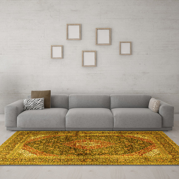 Machine Washable Persian Yellow Traditional Rug in a Living Room, wshtr3628yw