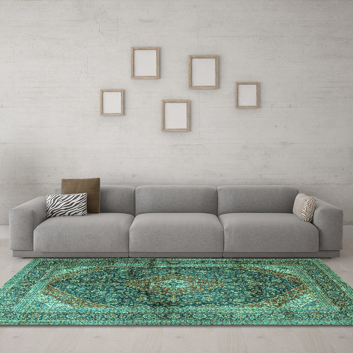 Machine Washable Persian Turquoise Traditional Area Rugs in a Living Room,, wshtr3628turq