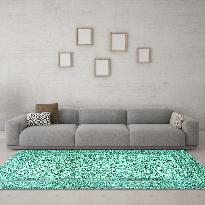 Machine Washable Persian Turquoise Traditional Area Rugs in a Living Room,, wshtr3629turq