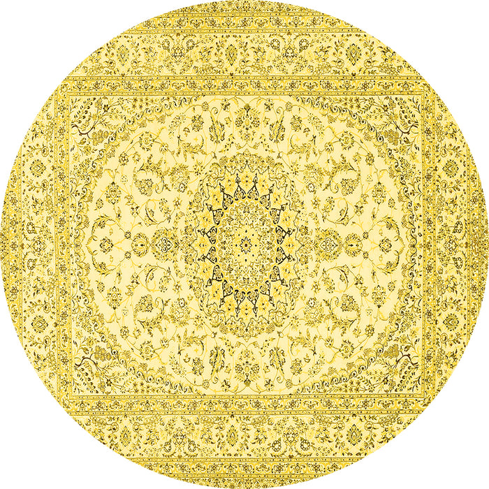 Round Machine Washable Medallion Yellow Traditional Rug, wshtr362yw