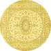 Round Machine Washable Medallion Yellow Traditional Rug, wshtr362yw