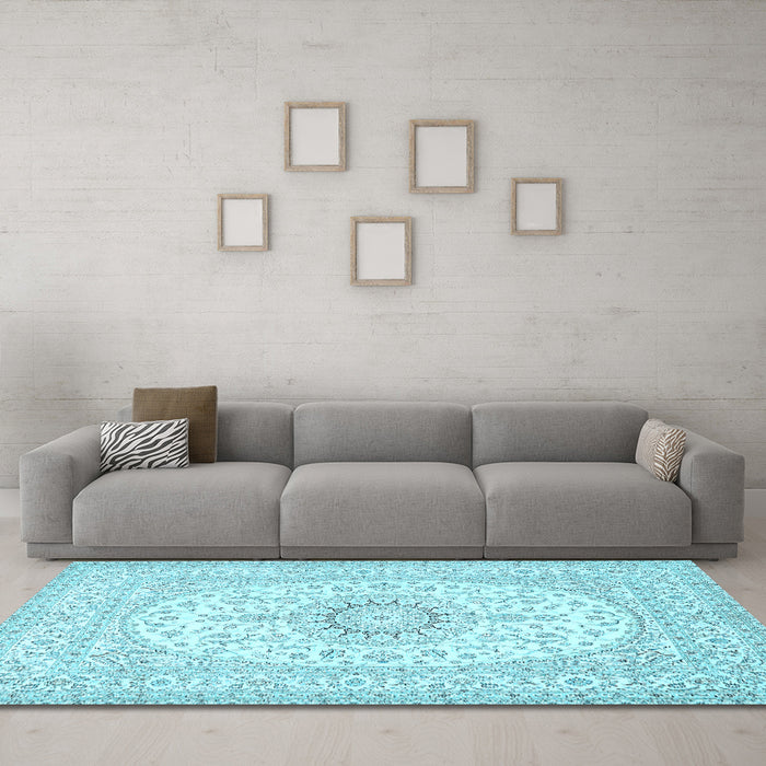 Machine Washable Medallion Light Blue Traditional Rug in a Living Room, wshtr362lblu