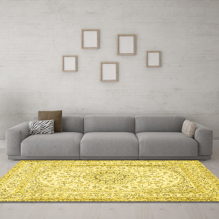 Machine Washable Medallion Yellow Traditional Rug in a Living Room, wshtr362yw