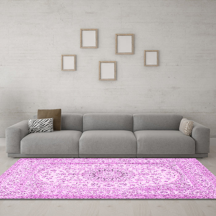 Machine Washable Medallion Pink Traditional Rug in a Living Room, wshtr362pnk