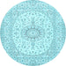 Round Machine Washable Medallion Light Blue Traditional Rug, wshtr362lblu