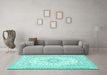 Machine Washable Medallion Turquoise Traditional Area Rugs in a Living Room,, wshtr362turq