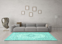 Machine Washable Medallion Turquoise Traditional Area Rugs in a Living Room,, wshtr362turq