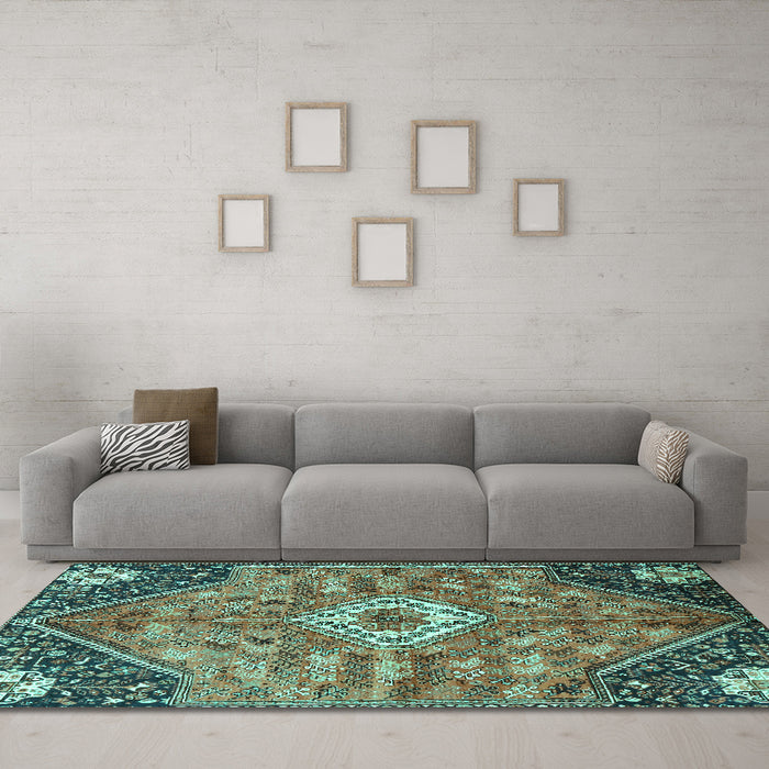 Machine Washable Persian Turquoise Traditional Area Rugs in a Living Room,, wshtr3630turq