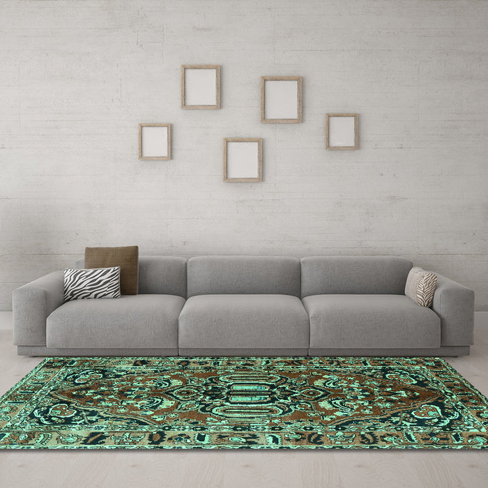 Machine Washable Persian Turquoise Traditional Area Rugs in a Living Room,, wshtr3631turq