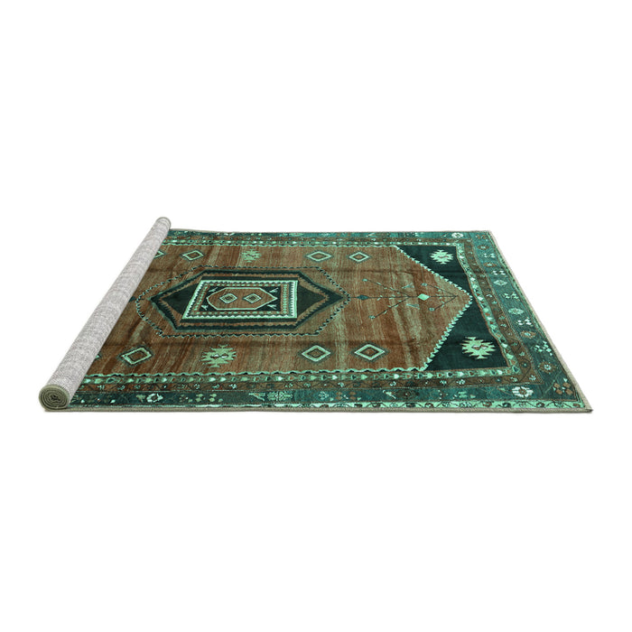 Sideview of Machine Washable Persian Turquoise Traditional Area Rugs, wshtr3633turq