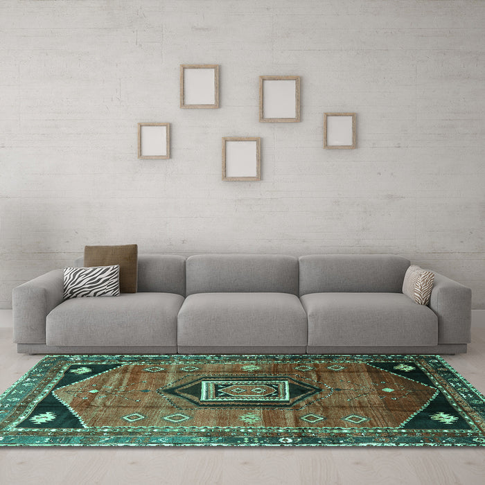 Machine Washable Persian Turquoise Traditional Area Rugs in a Living Room,, wshtr3633turq