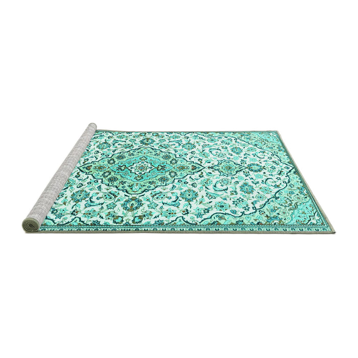 Sideview of Machine Washable Persian Turquoise Traditional Area Rugs, wshtr3634turq