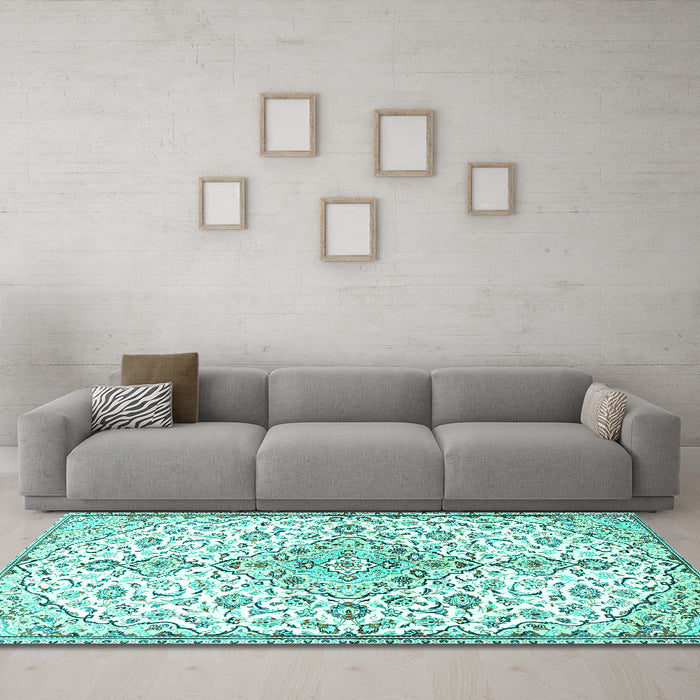 Machine Washable Persian Turquoise Traditional Area Rugs in a Living Room,, wshtr3634turq