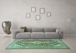 Machine Washable Persian Turquoise Traditional Area Rugs in a Living Room,, wshtr3635turq
