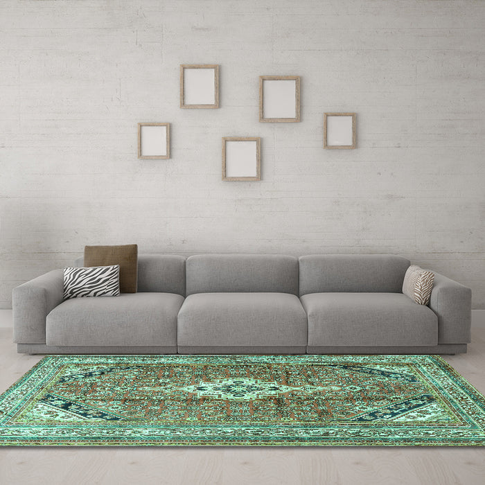 Machine Washable Persian Turquoise Traditional Area Rugs in a Living Room,, wshtr3635turq