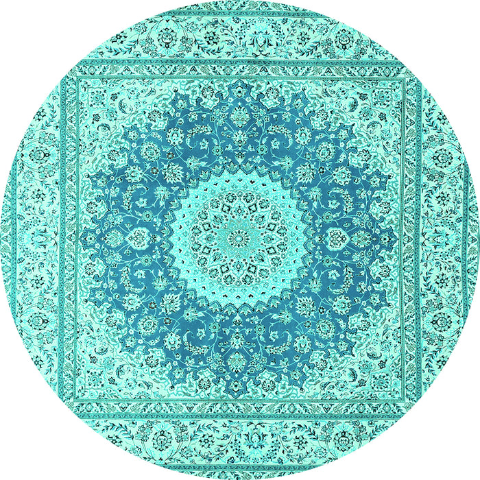 Round Machine Washable Medallion Turquoise Traditional Area Rugs, wshtr363turq
