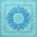 Square Machine Washable Medallion Light Blue Traditional Rug, wshtr363lblu