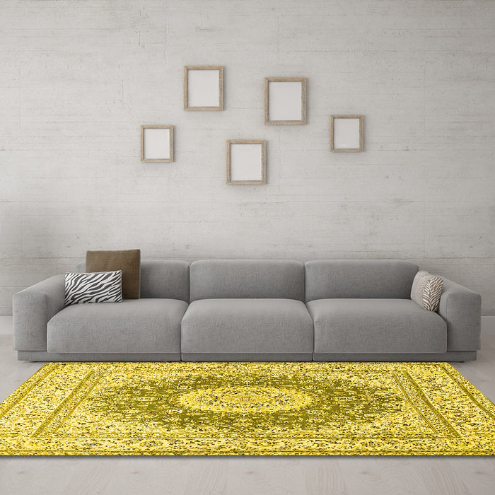 Machine Washable Medallion Yellow Traditional Rug in a Living Room, wshtr363yw
