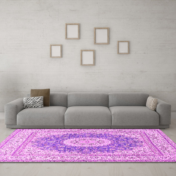 Machine Washable Medallion Pink Traditional Rug in a Living Room, wshtr363pnk