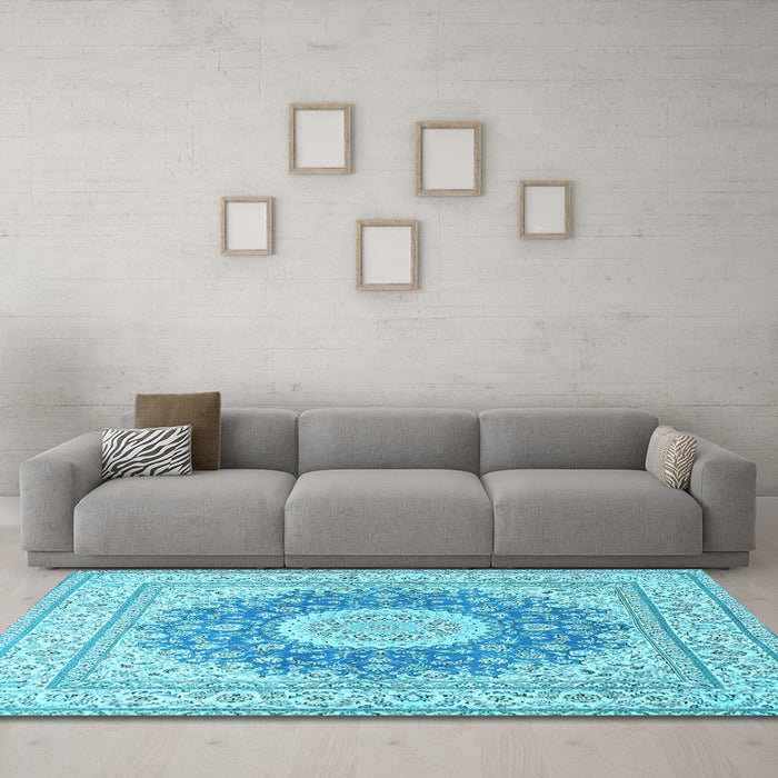 Machine Washable Medallion Light Blue Traditional Rug in a Living Room, wshtr363lblu