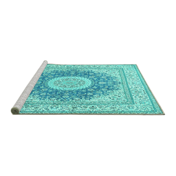 Sideview of Machine Washable Medallion Turquoise Traditional Area Rugs, wshtr363turq