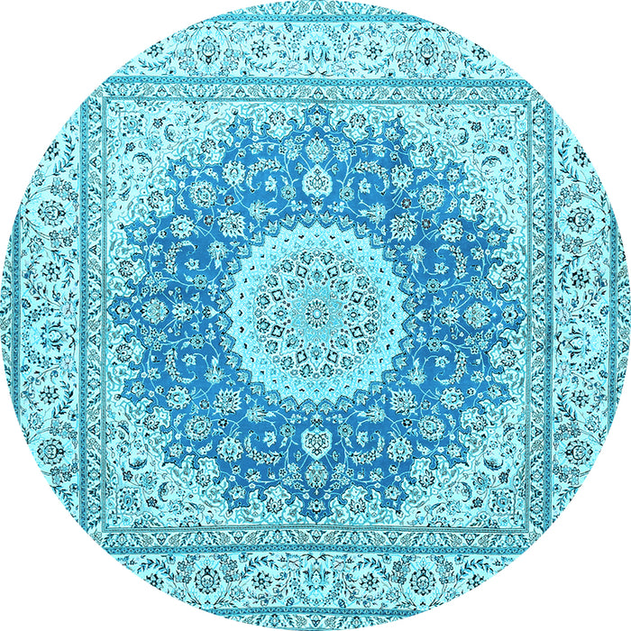 Round Machine Washable Medallion Light Blue Traditional Rug, wshtr363lblu