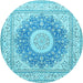 Round Machine Washable Medallion Light Blue Traditional Rug, wshtr363lblu