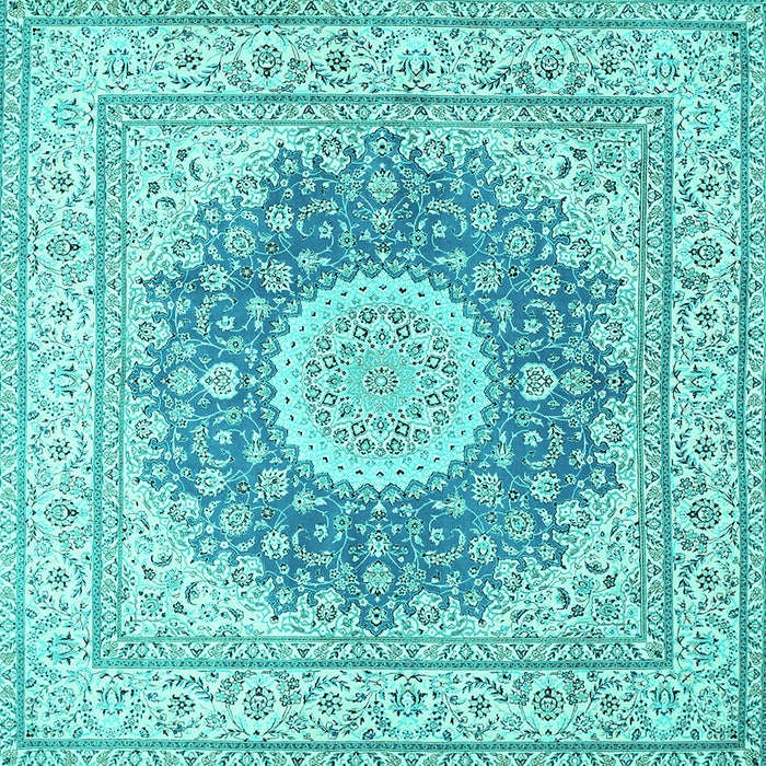 Square Machine Washable Medallion Turquoise Traditional Area Rugs, wshtr363turq