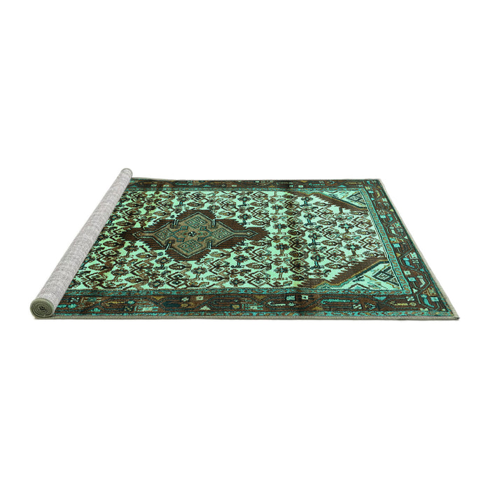 Sideview of Machine Washable Persian Turquoise Traditional Area Rugs, wshtr3656turq