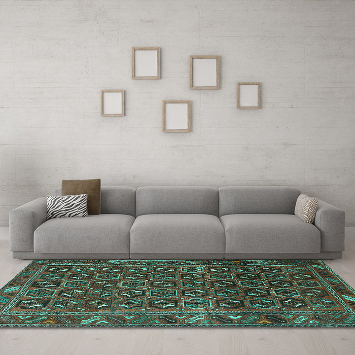 Machine Washable Persian Turquoise Traditional Area Rugs in a Living Room,, wshtr3657turq