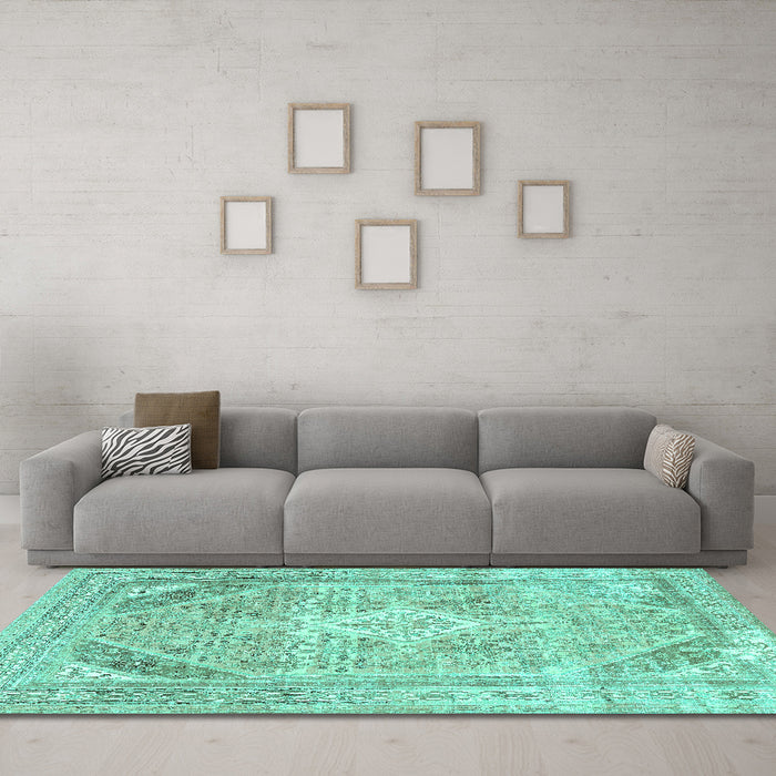 Machine Washable Persian Turquoise Traditional Area Rugs in a Living Room,, wshtr3659turq