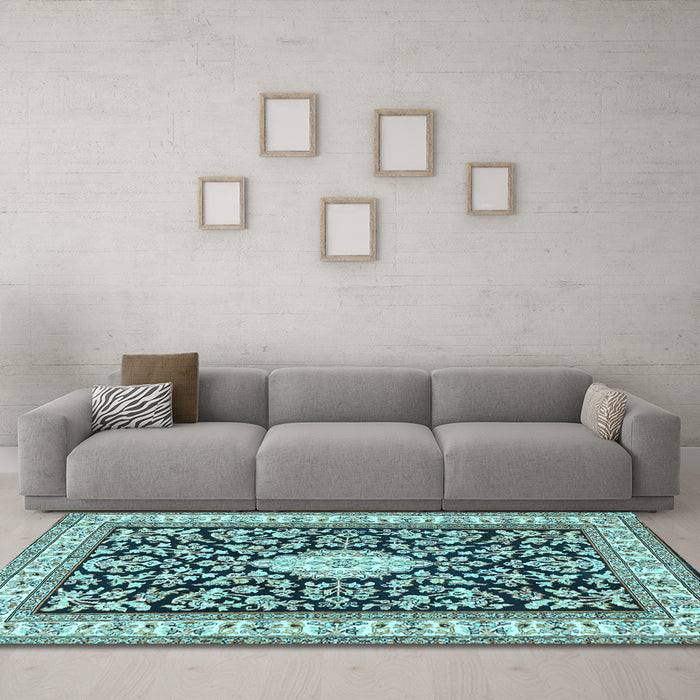 Machine Washable Medallion Light Blue Traditional Rug in a Living Room, wshtr365lblu