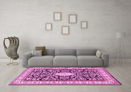 Machine Washable Medallion Pink Traditional Rug in a Living Room, wshtr365pnk
