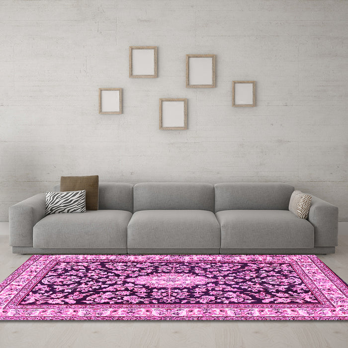 Machine Washable Medallion Pink Traditional Rug in a Living Room, wshtr365pnk