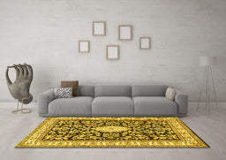 Machine Washable Medallion Yellow Traditional Rug in a Living Room, wshtr365yw