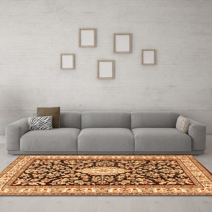Machine Washable Medallion Orange Traditional Area Rugs in a Living Room, wshtr365org