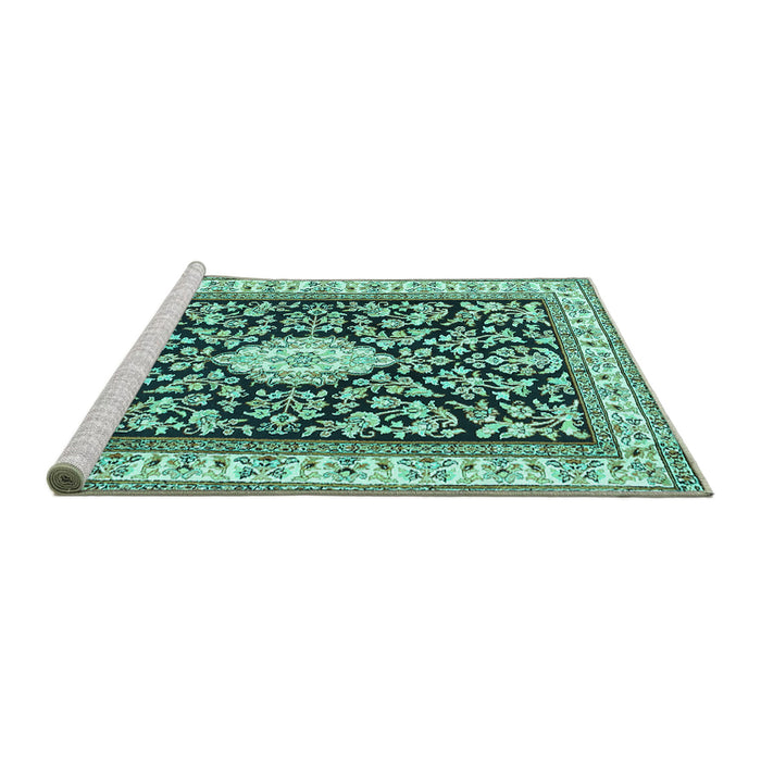 Sideview of Machine Washable Medallion Turquoise Traditional Area Rugs, wshtr365turq