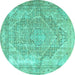 Round Machine Washable Medallion Turquoise Traditional Area Rugs, wshtr3663turq