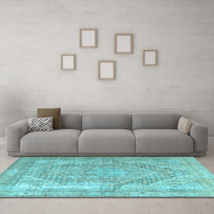 Machine Washable Medallion Light Blue Traditional Rug in a Living Room, wshtr3663lblu