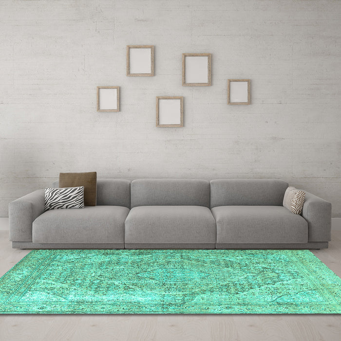 Machine Washable Medallion Turquoise Traditional Area Rugs in a Living Room,, wshtr3663turq