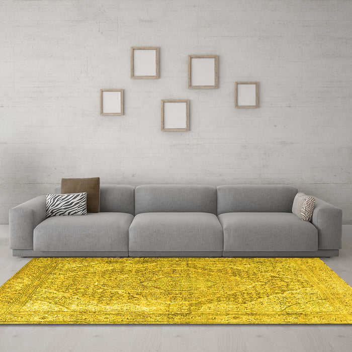 Machine Washable Medallion Yellow Traditional Rug in a Living Room, wshtr3663yw