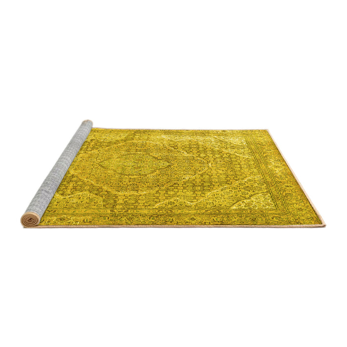 Sideview of Machine Washable Medallion Yellow Traditional Rug, wshtr3663yw