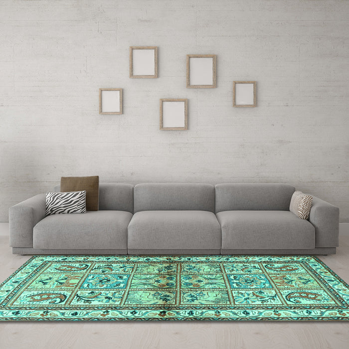 Machine Washable Persian Turquoise Traditional Area Rugs in a Living Room,, wshtr3664turq