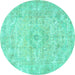 Round Machine Washable Persian Turquoise Traditional Area Rugs, wshtr3669turq