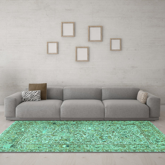 Machine Washable Persian Turquoise Traditional Area Rugs in a Living Room,, wshtr3670turq