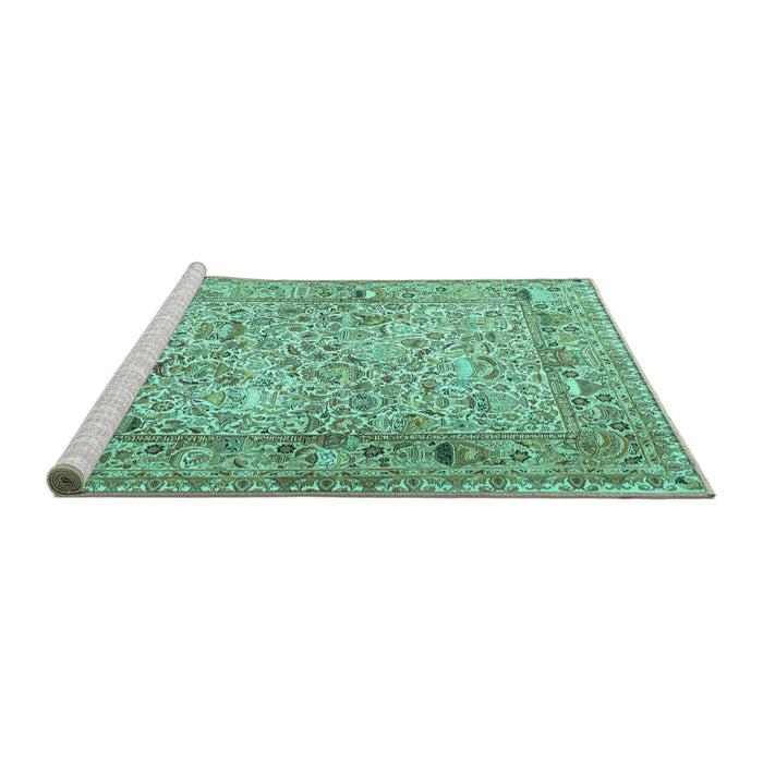 Sideview of Machine Washable Persian Turquoise Traditional Area Rugs, wshtr3670turq