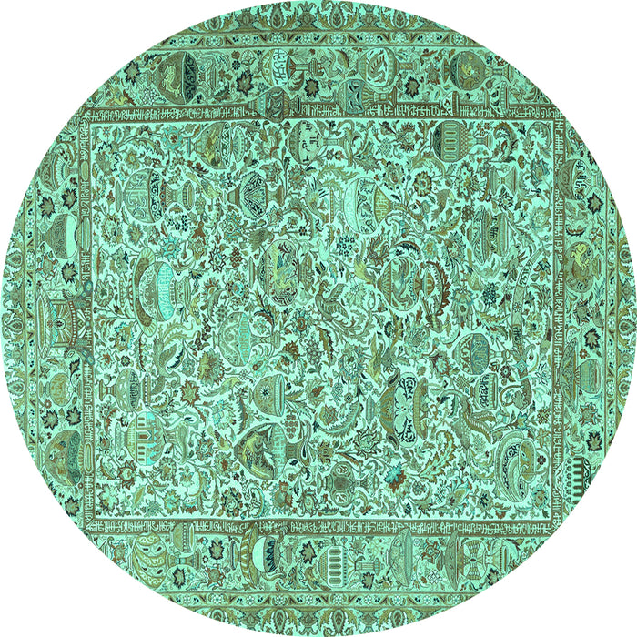 Round Machine Washable Persian Turquoise Traditional Area Rugs, wshtr3670turq