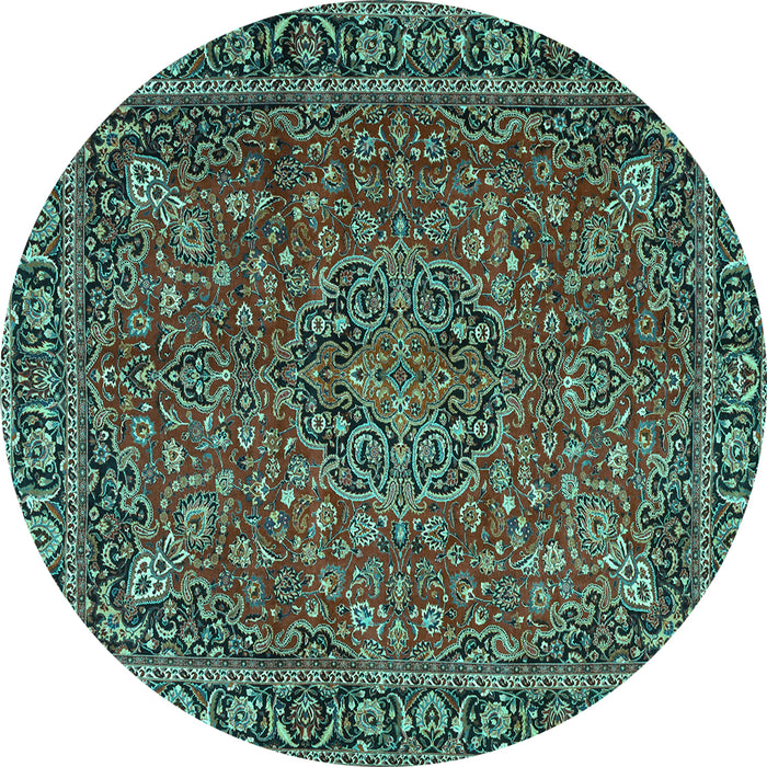Round Machine Washable Persian Turquoise Traditional Area Rugs, wshtr3671turq